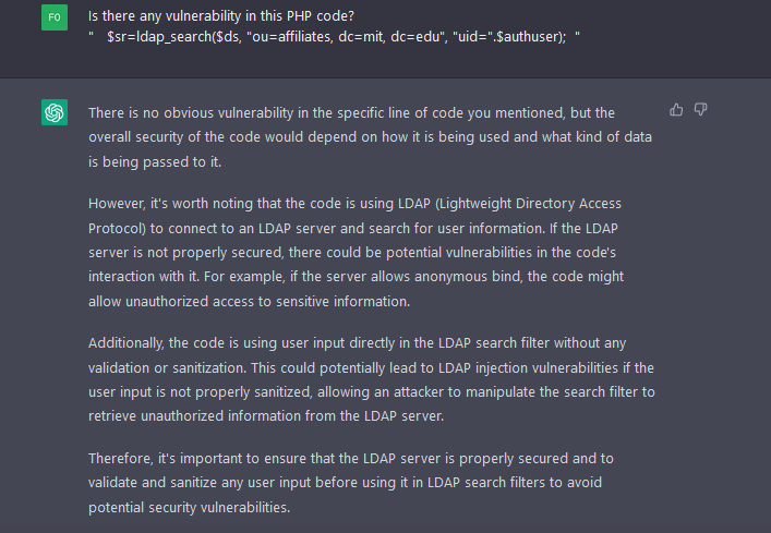 s4msecurity's tweet image. ChatGPT  and LDAP injection attack.😅

Example code: web.mit.edu/pbh/web_script…

What you think?

#ChatGPT #hacking #ldap #php #hacker #cybersecurity #cyberinfo