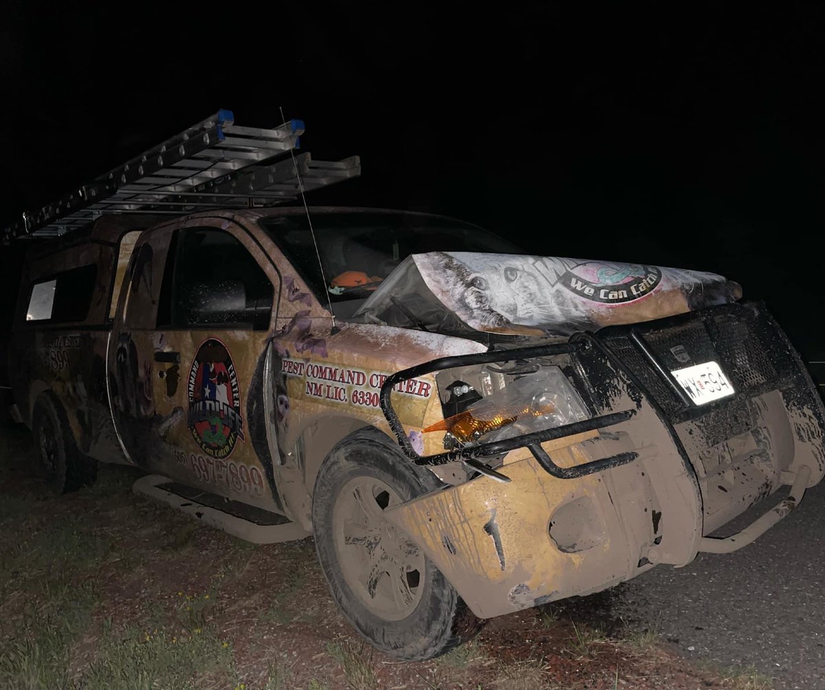 This truck belonged to a friend of <a href="/NMWildlife/">NMWildlifeFederation</a>. Luckily, the man was not seriously injured in the collision with an #elk. #Wildlife/vehicle collisions cost more than $20 million annually in #NewMexico. SB72 will soon receive a vote on the senate floor. 👉🏾 nmpoliticalreport.com/2023/02/17/sen…