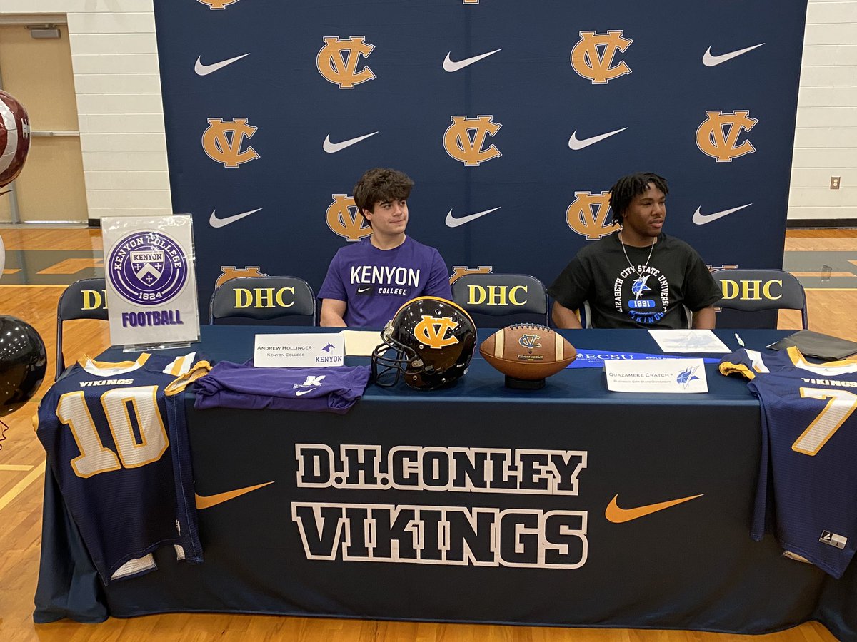 KCKennedy93's tweet photo. A couple of college football signings today at D.H. Conley High:

-Quazameke Cratch with Elizabeth City State 🏈

-Andrew Hollinger with Kenyon College in Ohio 🏈 

More tonight on @wcti12! 

@ConleySports @QuazamekeCratch @drewhollinger10 @ECSUVikingFBall @KenyonFootball https://t.co/qsezJavYNA