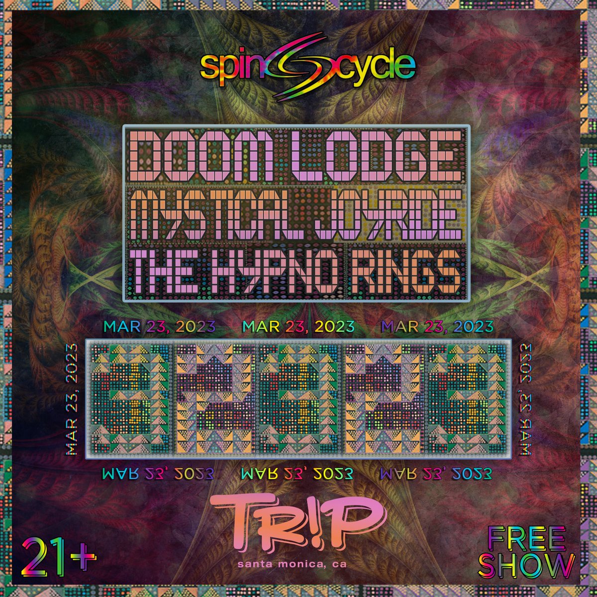 We are very excited to bring like minded folks together again through the power of live music and community! 
Thursday, 3-23-23 <a href="/TRiPSantaMonica/">TRiP</a>
#DOOMLodge - 8:00pm
<a href="/MysticalJoyride/">MysticalJoyride</a> - 9:15pm
#TheHypnoRings - 10:30pm
21+ | NO COVER! I Live Music 8pm - Midnight