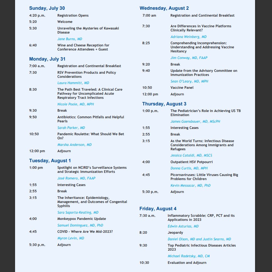 Colorado Pediatric Infectious Diseases (@copedsid) on Twitter photo Join us to hear the latest from our <a href="/COpedsID/">Colorado Pediatric Infectious Diseases</a> faculty & former fellows @easturia <a href="/SeanOLearyMD/">Sean O’Leary</a> <a href="/jesscataldi/">Jessica Cataldi MD</a> <a href="/kmess44/">Kevin Messacar MD PhD</a> <a href="/samdominguez309/">Samuel Dominguez</a> @DanOlson3030 <a href="/HandshakeASP/">Sarah Parker</a> <a href="/KidDocNic/">Nicole Poole, MD, MPH</a> & more on #Kawasaki #RSV #Mpox #COVID #EVA71 #EVD68 #ASP #syphilis #TB #vaccines #HSV Join us to hear the latest from our <a href="/COpedsID/">Colorado Pediatric Infectious Diseases</a> faculty & former fellows @easturia <a href="/SeanOLearyMD/">Sean O’Leary</a> <a href="/jesscataldi/">Jessica Cataldi MD</a> <a href="/kmess44/">Kevin Messacar MD PhD</a> <a href="/samdominguez309/">Samuel Dominguez</a> @DanOlson3030 <a href="/HandshakeASP/">Sarah Parker</a> <a href="/KidDocNic/">Nicole Poole, MD, MPH</a> & more on #Kawasaki #RSV #Mpox #COVID #EVA71 #EVD68 #ASP #syphilis #TB #vaccines #HSV