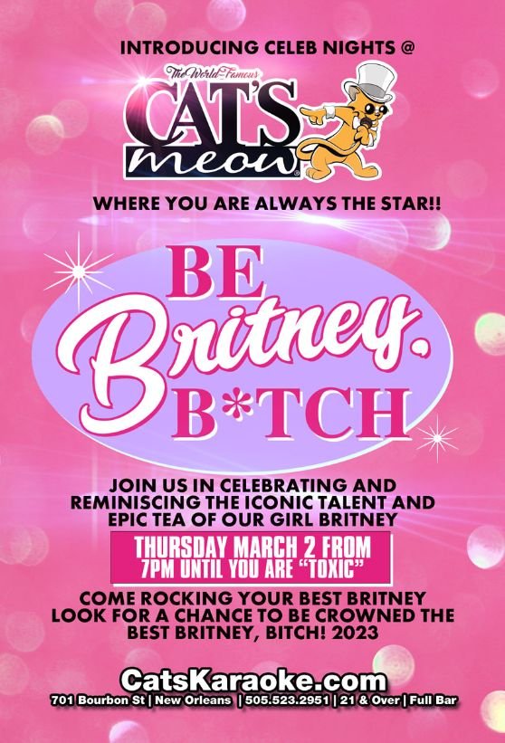 catskaraoke's tweet photo. ⭐ Coming up! ⭐
Introducing Celeb Nights
BE BRITNEY B*TCH
MAR 2ND
Bring your best Britney,  or come and help us crown 👑 one!! Most fabulous Britney wins regardless of sex, race, or planetary origin!!

Get tickets > https://t.co/Y9zE9KfPpa 
#CatsMeow https://t.co/MC8sECeLdW