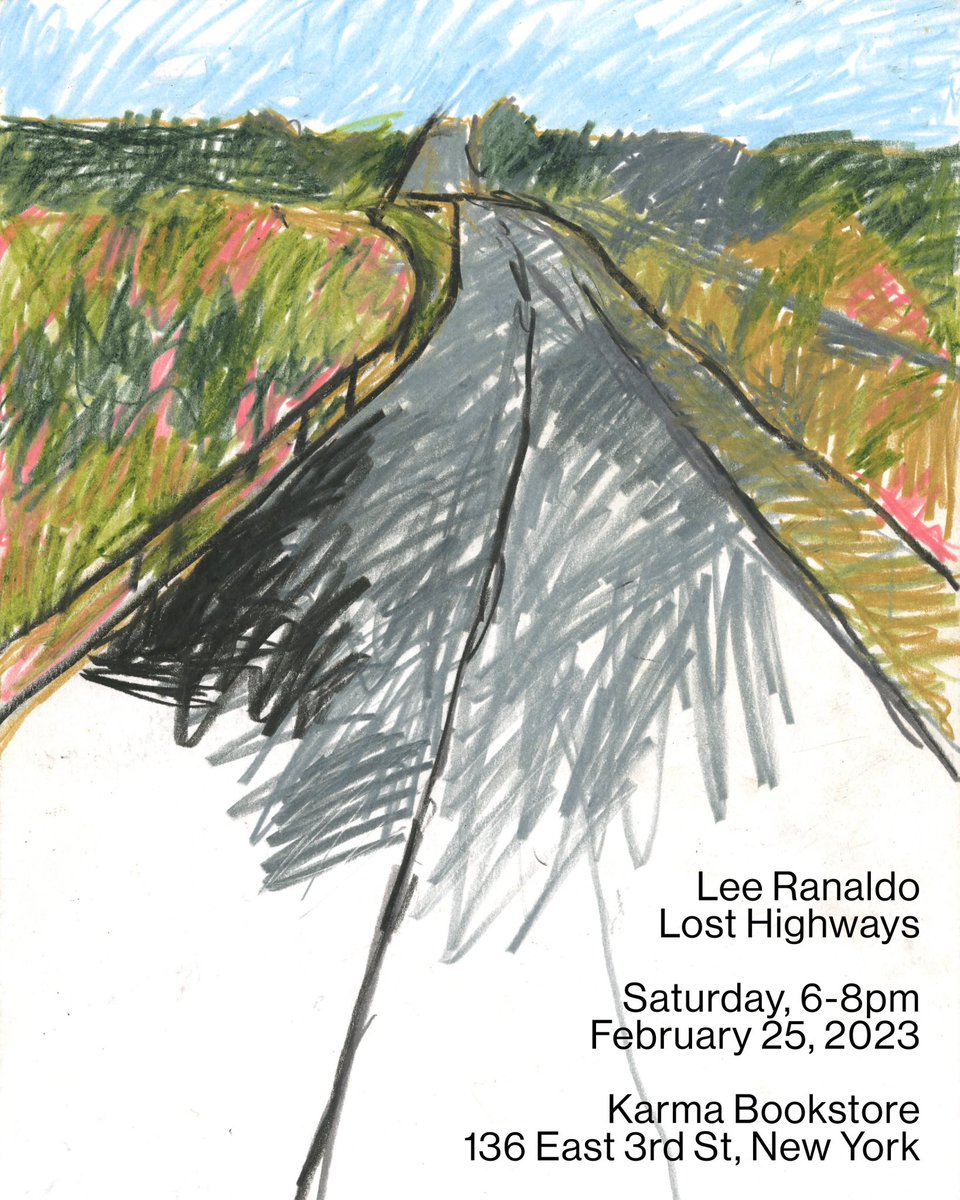 @karmabookstore Please join us this Saturday (2/25) for an exhibit of Lee Ranaldo’s Lost Highway drawings.
•
Lee Ranaldo
Lost Highways
Saturday, 6-8pm
February 25, 2023
Karma Bookstore
136 East 3rd St, New York