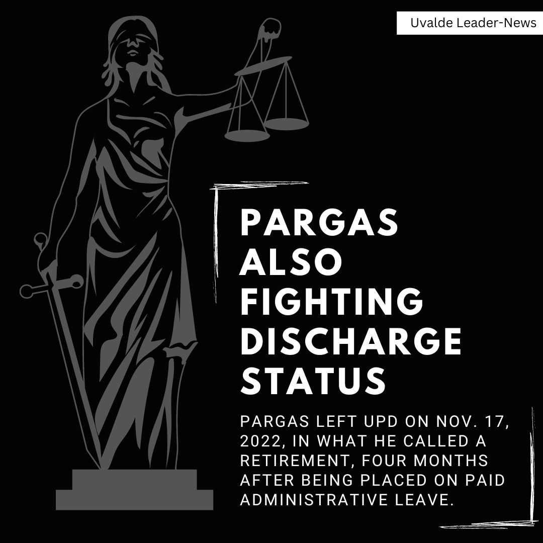 uvaldeleadernews.com/articles/parga… 
Uvalde city manager Vince DiPiazza said he is in the process of submitting evidence to oppose former Uvalde Police Department Lt. Mariano Pargas Jr.'s appeal regarding the general discharge he received when he left city police employment.