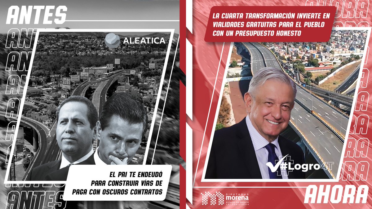 🚨 Con los corruptos que gobiernan al #Edomex las vías son de cuota con jugosos contratos para sus amigos.

✅ Con la #4T y el gobierno del presidente <a href="/lopezobrador_/">Andrés Manuel</a> los mexiquenses tenemos vías gratuitas con inversión pública. ¡Y vienen cosas mejores! #Ruta4T