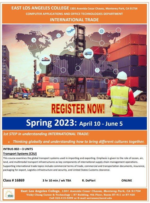 The CAOT Dept. is offering an interesting class on International Transport Systems. This class is fully online and starts April 10. 

What's more exciting is that you can earn your International Business certificate in just one semester! 
Inquire and Enroll Today!