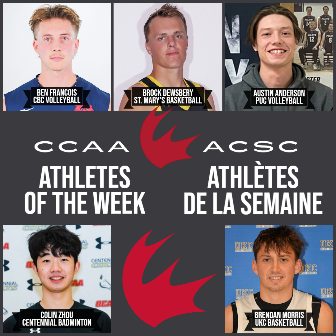 CCAA 🇨🇦 ACSC (@ccaasportacsc) on Twitter photo CCAA Male Athletes of the Week / Athlètes de la semaine masculin de l'ACSC
🇨🇦 Brendan Morris, <a href="/UKCBlueDevils/">UKC Blue Devils</a>
🇨🇦 Colin Zhou, <a href="/CentennialCOLTS/">CentennialCOLTS</a>
🇨🇦 Austin Anderson, <a href="/PUC_Athletics/">PUC Athletics</a>
🇨🇦 Brock Dewsbery, <a href="/stmuathletics/">St. Mary's University Lightning Athletics</a>
🇨🇦 Ben Francois, <a href="/cbcBearcats/">Bearcat Athletics</a>
#LetsGoCCAA CCAA Male Athletes of the Week / Athlètes de la semaine masculin de l'ACSC
🇨🇦 Brendan Morris, <a href="/UKCBlueDevils/">UKC Blue Devils</a>
🇨🇦 Colin Zhou, <a href="/CentennialCOLTS/">CentennialCOLTS</a>
🇨🇦 Austin Anderson, <a href="/PUC_Athletics/">PUC Athletics</a>
🇨🇦 Brock Dewsbery, <a href="/stmuathletics/">St. Mary's University Lightning Athletics</a>
🇨🇦 Ben Francois, <a href="/cbcBearcats/">Bearcat Athletics</a>
#LetsGoCCAA