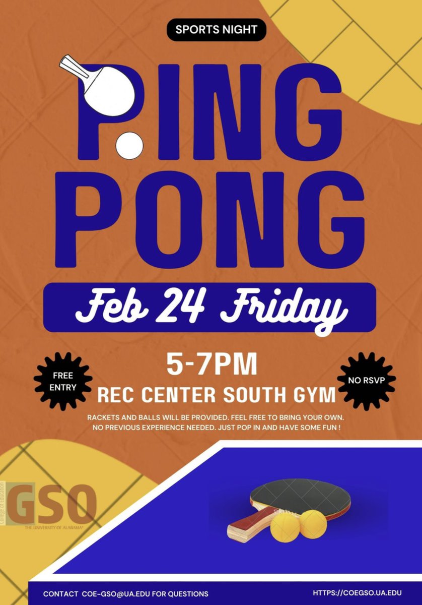 Feel like you’re just {paddling} through the semester? Need a little pick me up? Ding dong—it’s ping pong! 🏓

Come join COE-GSO for its first ever sports night where we will learn all the ins and outs of ping pong! Check your emails for more detailed directions to the gym!