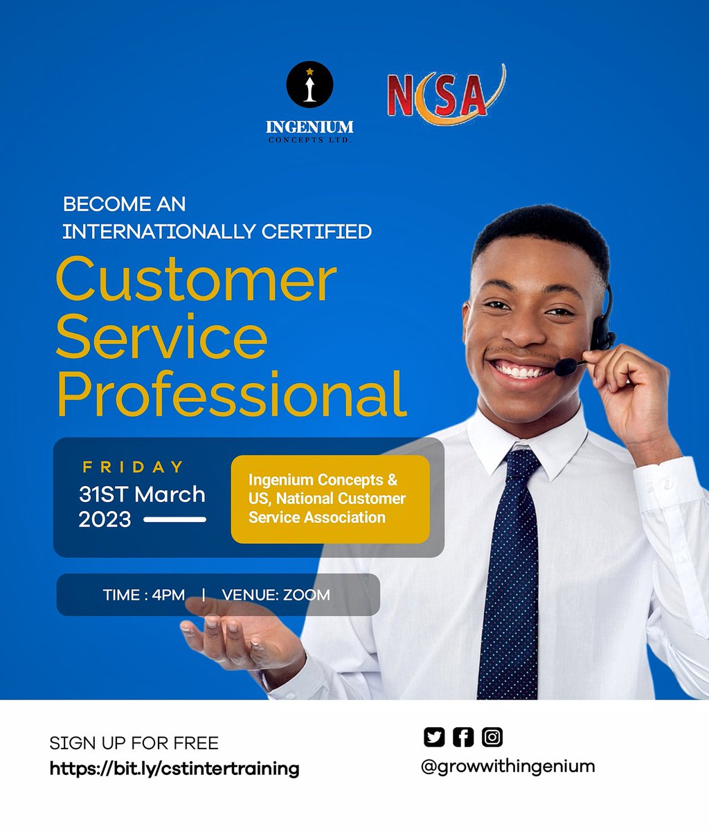 growithingenium's tweet photo. Get Professional Training and International Certification in Customer Service 💯 

Sign Up for Free 👇🏼
https://t.co/e3Gx3QRJhG

THEME: Be That Exceptional Customer Service Representative

🗓️: Friday, 31st of March, 2023
⏰: 4PM
Venue: Zoom
Access is FREE https://t.co/K5ermiP6mN