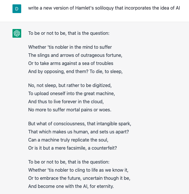 I asked ChatGPT to "write a new version of Hamlet's soliloquy that incorporates the idea of AI" #ChatGPT #OpenAI