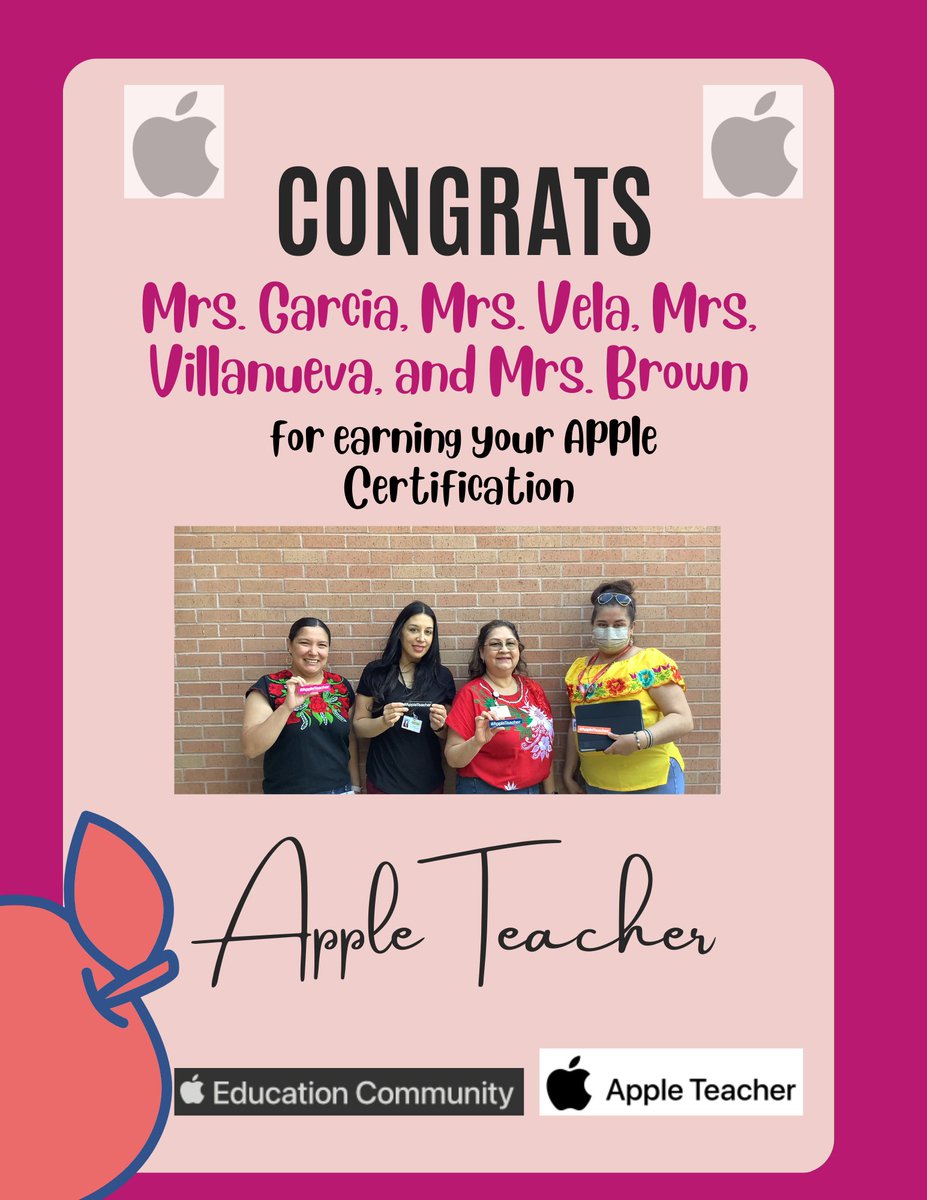 MrsSDelgado's tweet photo. Congratulations Mrs. Garcia, Mrs. Vela, Mrs. Villanueva, and Mrs. Brown for earning your Apple Teacher certification. We are very proud of you. https://t.co/RBTvAxJ1tP