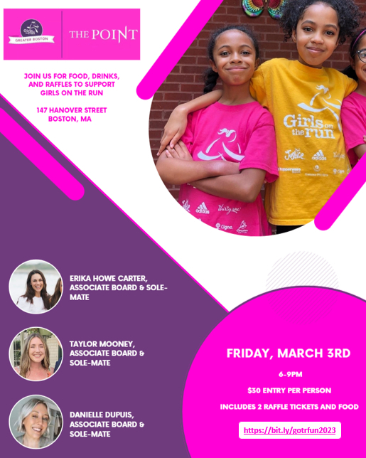 Want to spend your Friday night with good company, food, and the potential to win some fun prizes? Well, look no further than our marathon fundraiser for Girls on the Run Greater Boston at The Point on Friday, March 3rd!

Three GOTR Associate Board members are running the @boston