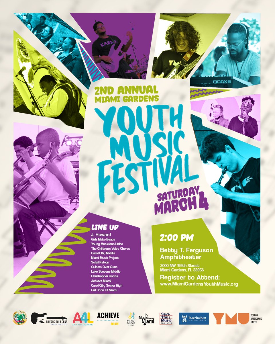 Join us for the 2nd annual #MiamiGardensYouthMusicFestival on 3/4! RSVP at bit.ly/3xtl9sE @miamifoundation @youngmusiciansu @guitarsoverguns @a4lmiami @cityofmiagardens @interlochenarts @achievemiami @savethemusicfdn #MGYMF #MusicInOurSchoolsMonth #MusicAccessMatters