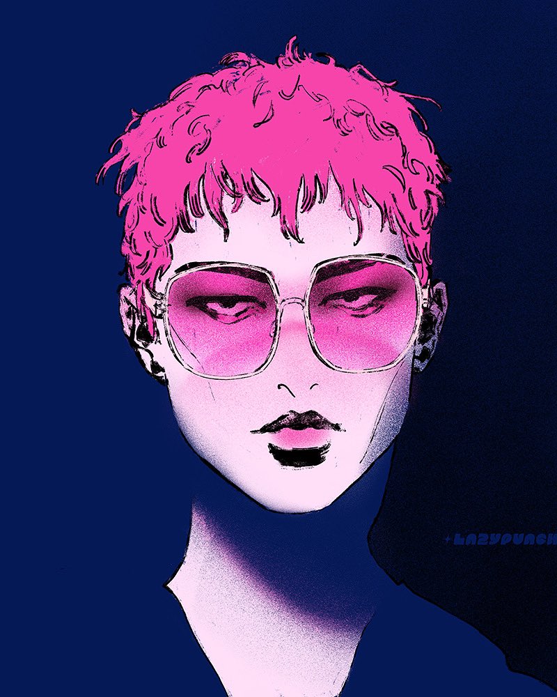 solo 1girl pink hair short hair tinted eyewear portrait sunglasses  illustration images