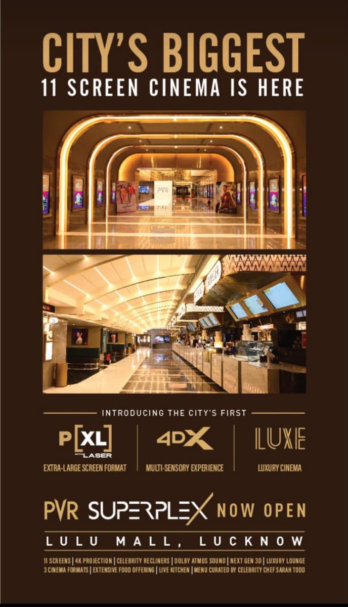 mohitsingh285's tweet image. देश के सबसे बड़े राज्य की राजधानी लखनऊ का सबसे बड़ा और शानदार लक्ज़री सिनेमा, 11 स्क्रीन #PVR #Superplex #LuluMall #Lucknow अब आपकी सेवा में।

आज ही टिकट बुक करें: cutt.ly/BZYqlf5 @_PVRCinemas 
#NowOpen #PVRLucknow #LuluMallLucknow #Movies #Cinema