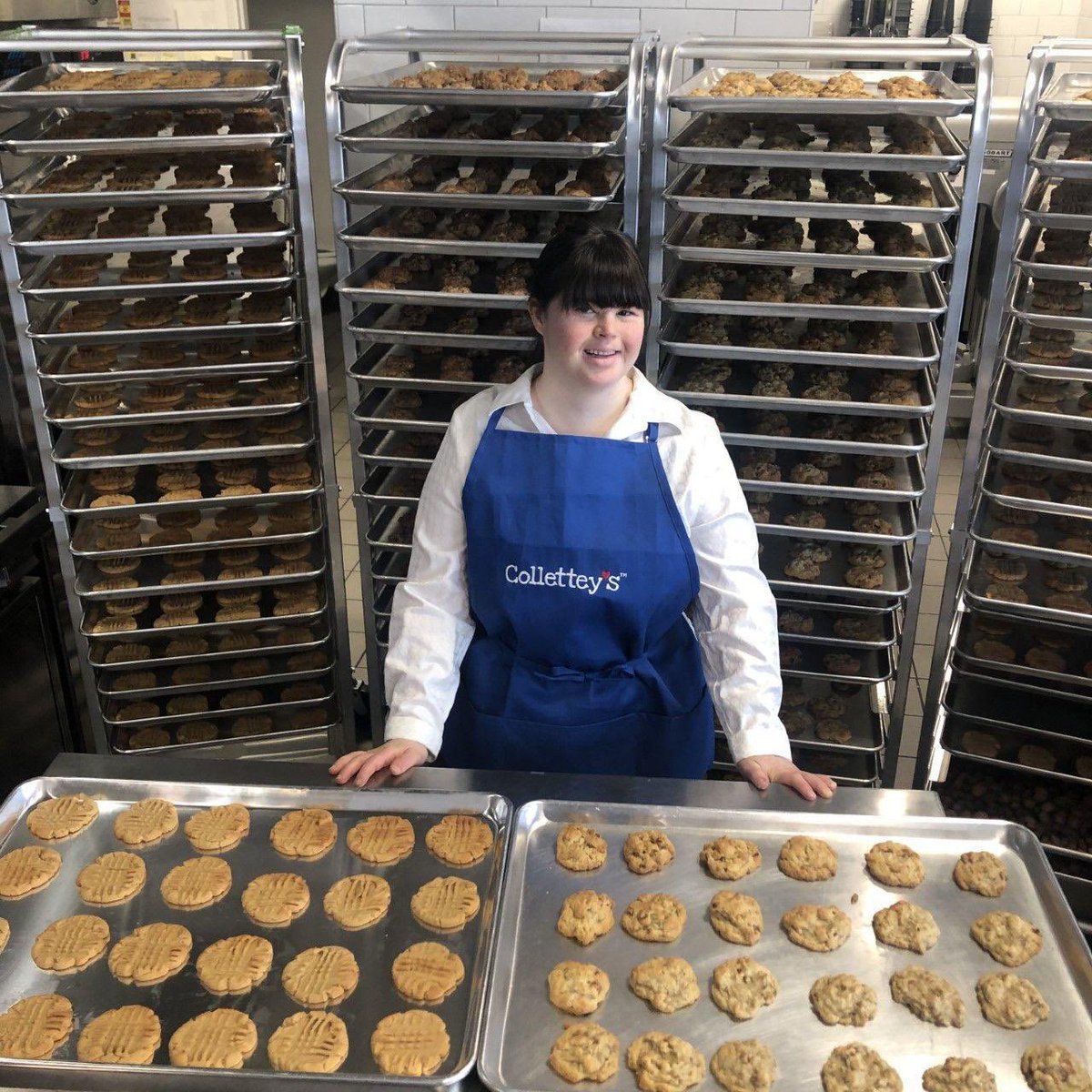 good's tweet photo. This is Collette Divitto, she’d struggled to get a job because she has Down syndrome. She now has her own successful business ‘Collettey's Cookies’ where she employs other people with disabilities &amp; a non-profit which supports people with disabilities. https://t.co/rofQDgE36Q