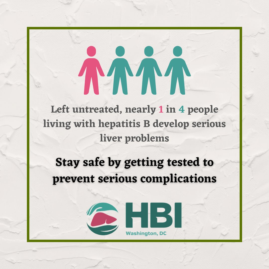 HBIDC's tweet photo. Left untreated, nearly 1 in 4 people living with #hepatitis B develop serious liver problems, even cancer.
This #HepatitisAwarenessMonth, see if you should be tested using @cdchepโs free Know Hepatitis B resource at https://t.co/DY5u7CaKVO
#HepAware #HepatitisB #HBV #KnowHepB https://t.co/GDzbLdTsMC