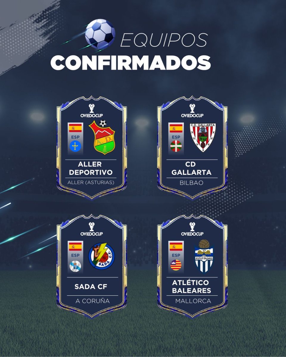 📢𝗘𝗾𝘂𝗶𝗽𝗼𝘀 𝗰𝗼𝗻𝗳𝗶𝗿𝗺𝗮𝗱𝗼𝘀 ✅ | Masculino 👦🏻

⚽️ <a href="/AllerDeportivo/">Aller Deportivo</a> 
📍Aller, Asturias 

⚽️ <a href="/cdgallarta/">C.D. Gᴀʟʟᴀʀᴛᴀ</a> 
📍Bilbao, País Vasco 

⚽️ <a href="/cf_sada/">SadaCF</a> 
📍A Coruña, Galicia

⚽️ <a href="/atleticbalears/">Atlético Baleares</a> 
📍Palma de Mallorca, Mallorca

Un placer teneros en esta nueva edición #OviedoCup2023 👏