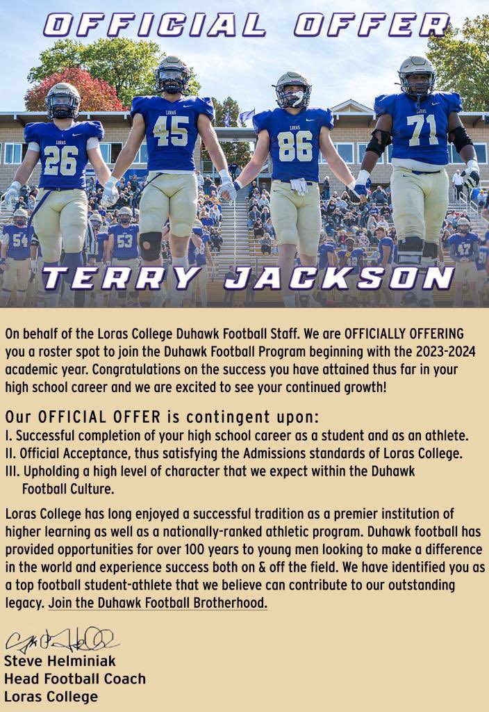 Tjackson3121's tweet photo. Blessed to receive an (O)ffer from Loras University 🟣⚪️ @vonhagen09 @gonzalezrhs @1stLadyCurrybih @lorascollege @RaiderAthletes @RiverdaleFB https://t.co/CLqD4XHB3v