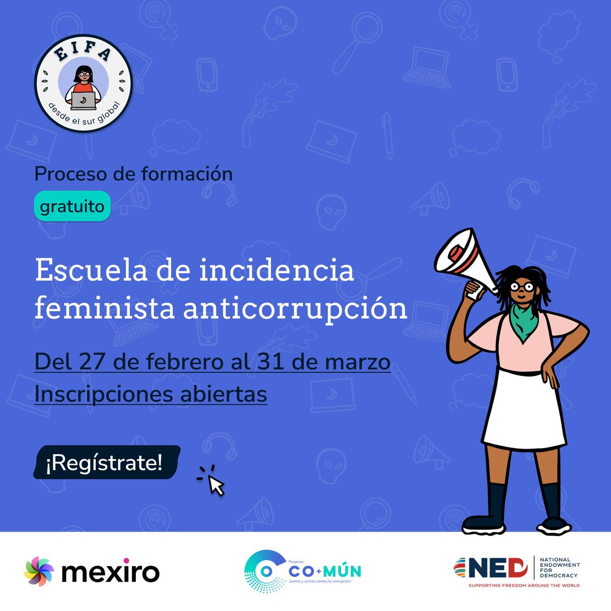 cpsseajal's tweet photo. 🙌🏼Únete a la Escuela de Incidencia Feminista Anticorrupción (#EIFA).
🙋🏻‍♀️🙋🏼‍♀️🙋🏽‍♀️🙋🏾‍♀️🙋‍♀️🙋🏿‍♀️

🗓️Inicia el 27 de febrero.

🖊️Regístrate y reserva tu lugar
➡ https://t.co/E4RHuhNh8j https://t.co/DTiVX2hsVI