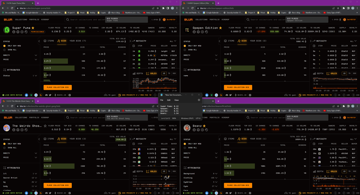 Here, you can see how I'm earning #blur points through farming. In the center, you'll find my bids. Currently, I'd like to recommend these four projects:

1. Beanz
2. Opepen
3. Weirdo Ghost
4. Super Puma

Wishing you happy farming!