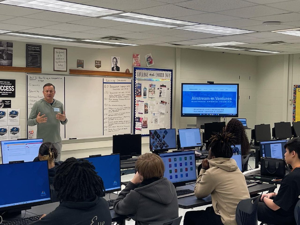 Celebrating #CTEMonth with opportunities for industry-related guest speakers enlighten CTE students.  Mr. Verlander from Airstream Ventures is a valued business partner sharing his wealth of experience with students on entrepreneurship, sports, entertainment, and marketing.