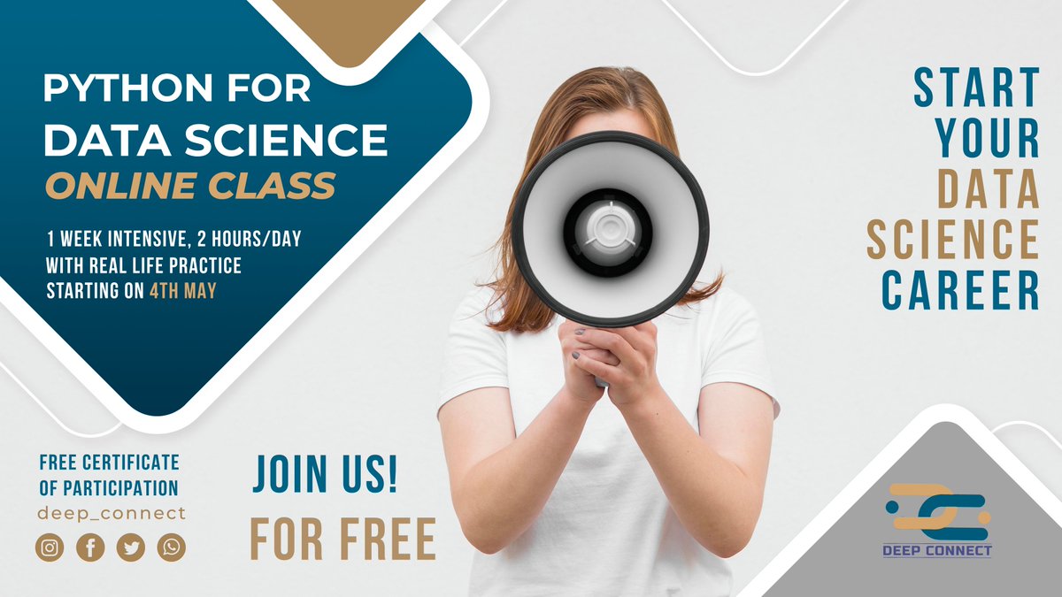 deep__connect's tweet photo. 1/5 .Attention students and young people! If you're interested in developing your skills in data science and analytics, I'm excited to announce that Deep Connect in collaboration with some selected Data Science experts is organizing a virtual bootcamp on Python for Data Science. https://t.co/knoCVvFZWt