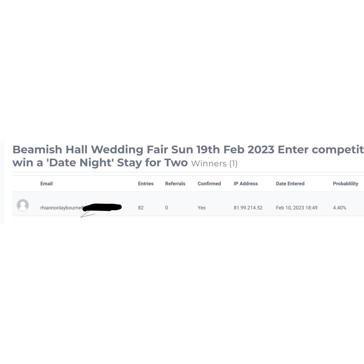 Congratulations to @rhiannon.laybourne the Winner of Sunday's fabulous @beamishhall Wedding Fair prize of an Overnight Stay for TWO with Dinner &amp; Breakfast !
If you are not in int you can't win it. You can see Rhiannon had a 4% chance of winning the prize.
#prizedrawwinner