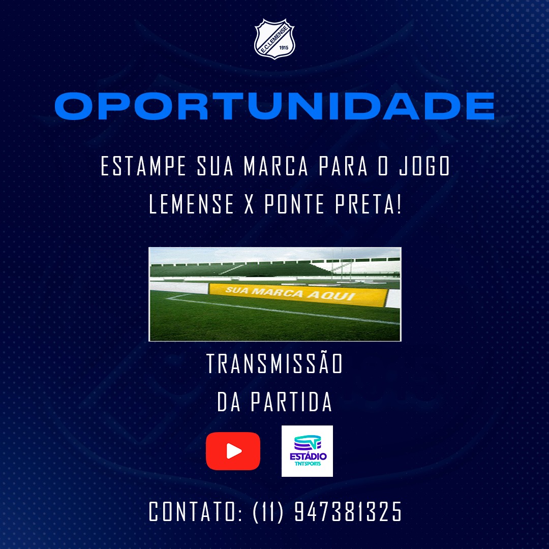 Lemense's tweet photo. Oportunidade 🚨

Venha divulgar a sua empresa na partida do Zulão diante da Ponte Preta, neste sábado, às 11h.

A partida será transmitida pelo canal do youtube da federação paulista e pelo Estádio TNT.

#Zulãoquerido #Lemense #Paulista #PaulistaoA2 https://t.co/yPh4eCTRkG