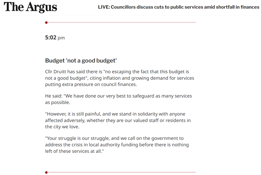 We agree with the Greens' Cllr <a href="/tomdruitt/">Tom Druitt</a>, this is not a good budget. 13 years of savage <a href="/Conservatives/">Conservatives</a> cuts have decimated local council budgets and services. Our city and our country desperately needs a <a href="/UKLabour/">The Labour Party</a> government...