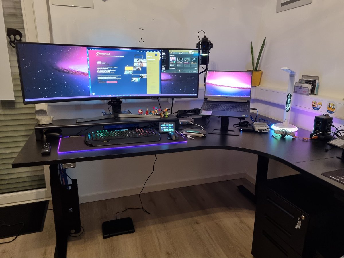 #Modernwork means a place to feel good, like my new home office - equipped with everything to be happy - #Elgato Stream Deck &amp; Pedal, 49" display, height adjustable desk, a lot of RGB colors ❤️ and a Super Nintendo Classic (connected to Elgato HD60 X of course 😎) #remotework