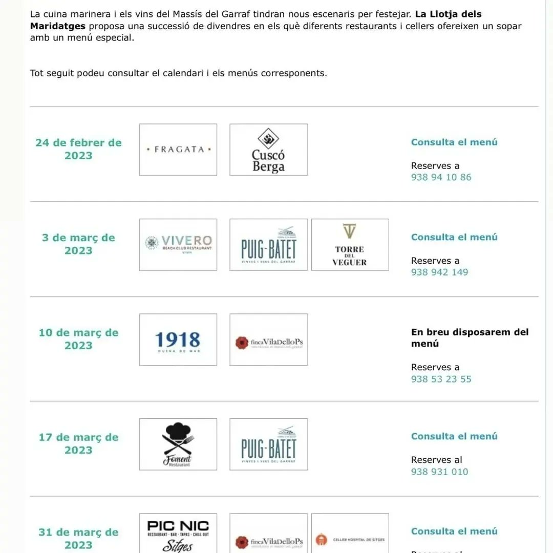 Per demà divendres 24 de febrer, us hem preparat un nou sopar del cicle "La Llotja dels maridatges" al @restaurantefragata de Sitges maridat amb uns excel·lents vins de <a href="/cuscoberga/">Cuscó Berga</a> #massisdelgarraf #gastronomía <a href="/productesterra/">Productes de la Terra</a> <a href="/BCNmoltmes/">Barcelona és molt més</a>