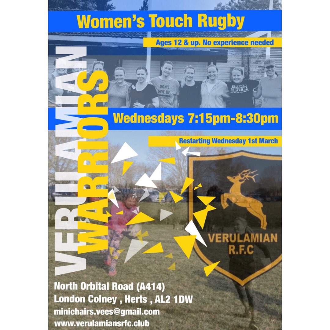 🚨𝐖𝐨𝐦𝐞𝐧𝐬 𝐑𝐮𝐠𝐛𝐲🚨 Our mighty Verulamians Warriors are back playing touch rugby each Wednesday from 7:15pm at Cotlandswick!

If you are new to the game and want to give rugby a go this is a perfect opportunity to make a start.

#UpTheVees 🔵🟡
#womensrugby