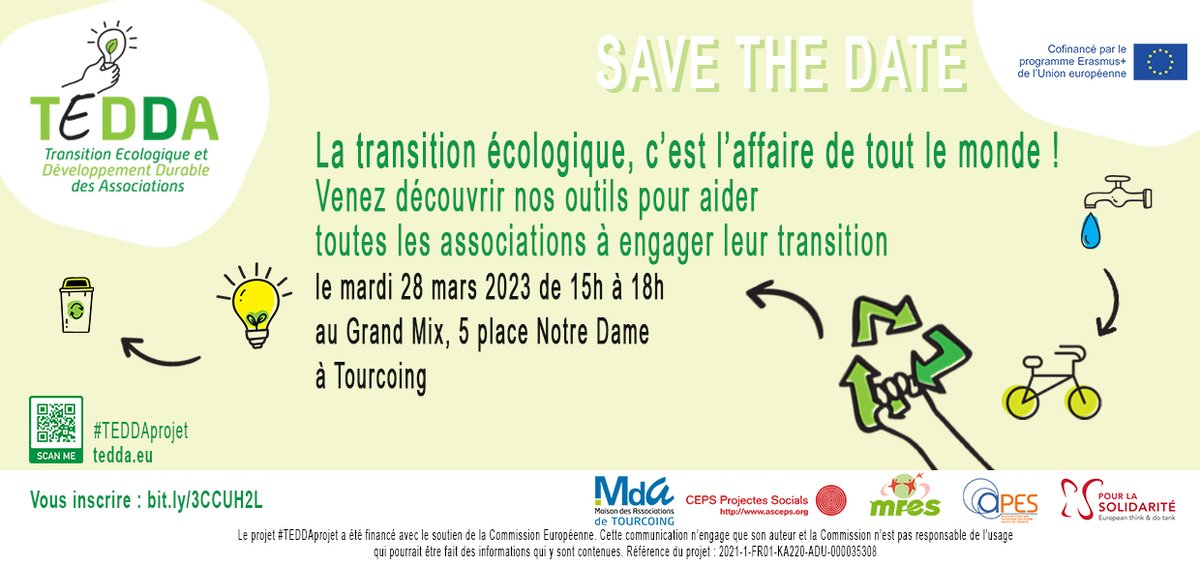 mdatourcoing's tweet photo. 📢A vos agendas ❗ Invitation à découvrir des outils pour aider toutes les associations à engager leur transition, réalisés avec les partenaires #TEDDAprojet
@mres_asso @PLS_News @Making_Projects @Apeshdf
S'inscrire : https://t.co/nyOuoDmgEP https://t.co/3u0JmKNWGI