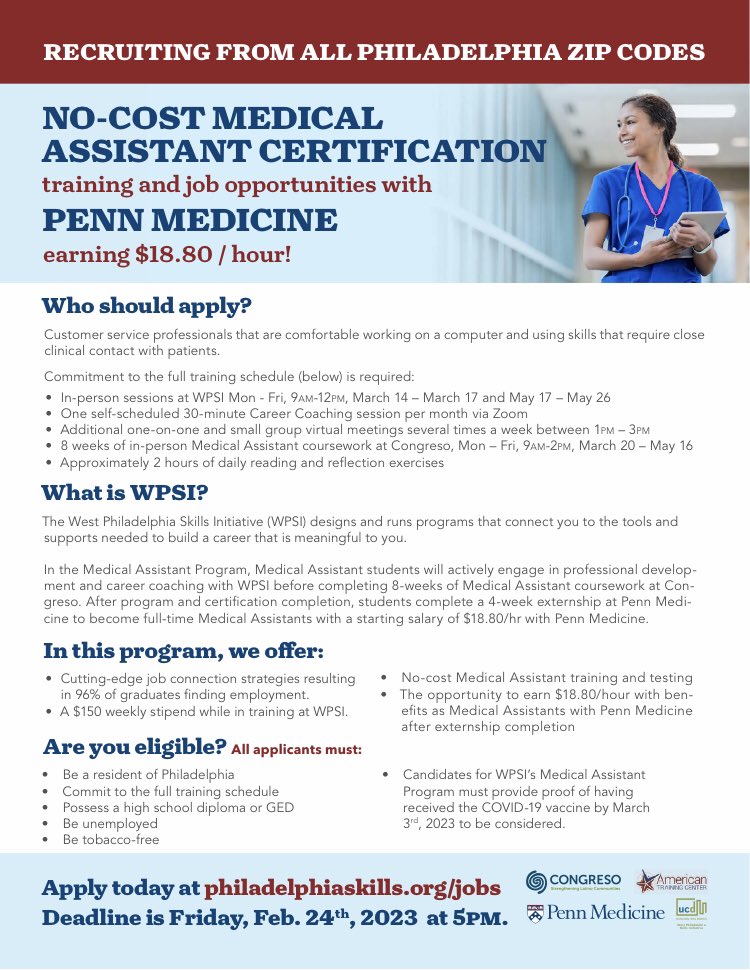 WestPhillyPN's tweet photo. Tomorrow at 5 pm is the last day to apply for no-cost medical assistant certification training and job opportunities from @PennMedicine! So if you want to build new skills while making $18.80 per hour, now is the perfect time to sign up ⏱️🧑🏾‍💻

https://t.co/R0dzdGDZur https://t.co/OSADiTelup