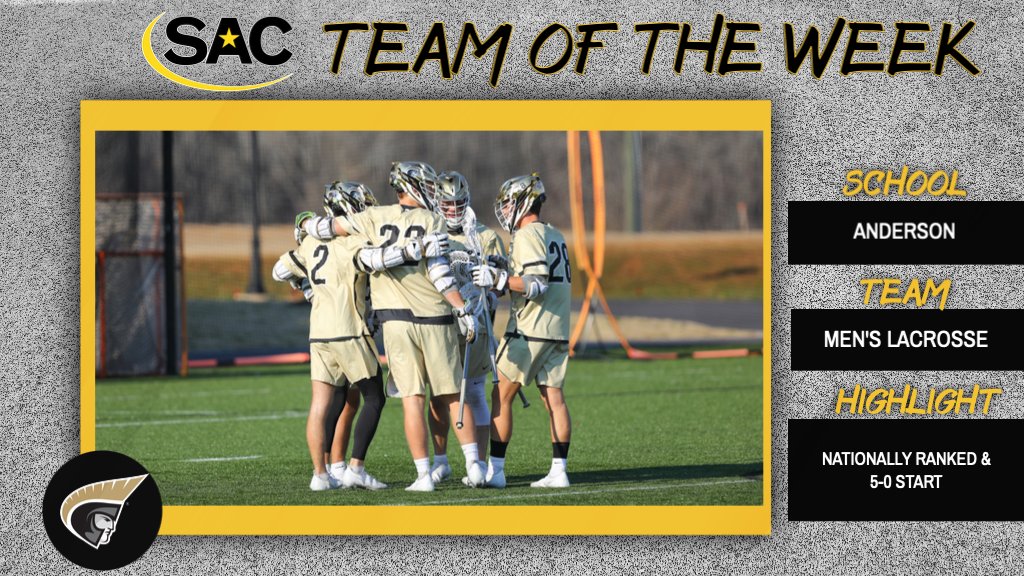 🥍 𝗧𝗘𝗔𝗠 𝗢𝗙 𝗧𝗛𝗘 𝗪𝗘𝗘𝗞

Congrats to our Team of the Week, <a href="/AUTrojans/">Anderson University Trojans</a> men's lacrosse! The Trojans are nationally ranked and on a 5-0 win streak. They have swept the SAC Men's Lacrosse Players of the Week awards for two consecutive weeks.

#MakeSACYours #SACMLAX