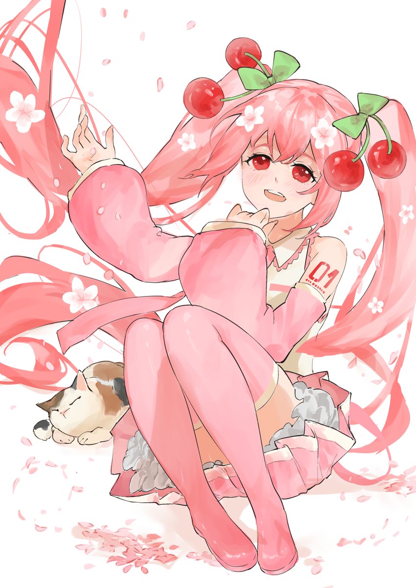 hatsune miku ,sakura miku 1girl pink hair twintails long hair cherry hair ornament hair ornament thighhighs  illustration images