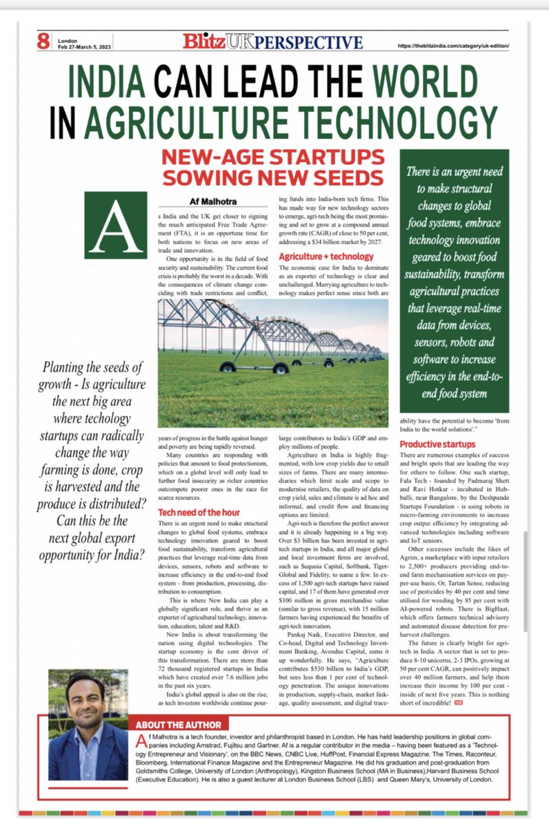 Tech India Advocates (@techindiaadv) on Twitter photo “India can lead the world in Agriculture Technology”
TIA Co-founder <a href="/AfMalhotra/">Af Malhotra</a> writes in <a href="/BlitzIndiaMedia/">BlitzIndiaMediaGroup 🇮🇳</a> on #NewIndia #agritech #startups “India can lead the world in Agriculture Technology”
TIA Co-founder <a href="/AfMalhotra/">Af Malhotra</a> writes in <a href="/BlitzIndiaMedia/">BlitzIndiaMediaGroup 🇮🇳</a> on #NewIndia #agritech #startups