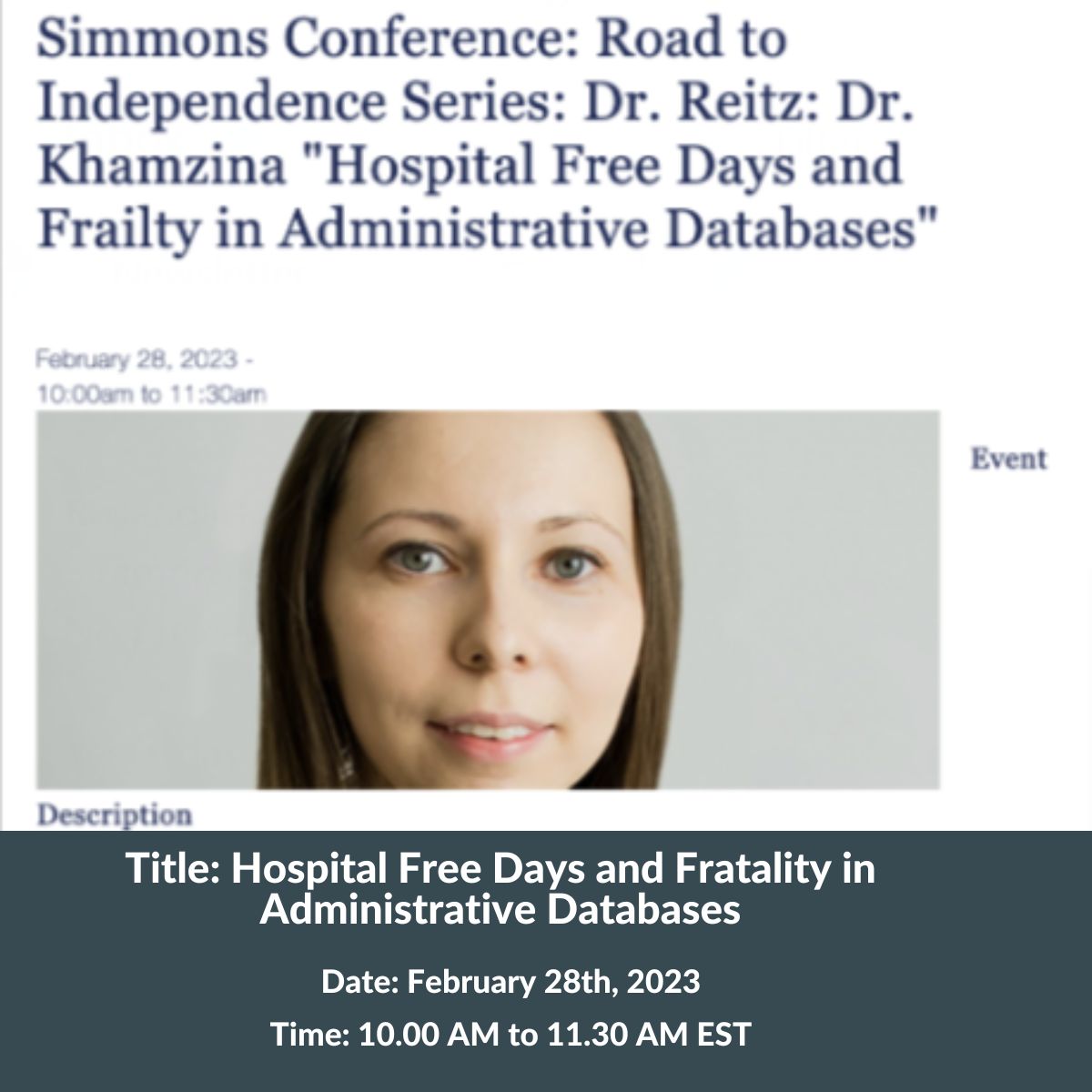 Pitt Surgery (@pittsurgery) on Twitter photo Join us for the next #SimmonsConference!
Title of the talk: "Hospital Free Days and Fratality in Administrative Databases" presented by Dr. Khamzina.
🗓️:02/28/2023
⏰ :10.00 AM to 11.30 EST
<a href="/PittNeurosurg/">Pitt Neurosurgery</a> <a href="/PittEndoSurg/">Pitt Endocrine Surgery</a> <a href="/PittPedsSurg/">Pitt Pediatric Surgery</a> <a href="/PittDeptofMed/">PittDeptofMed</a> <a href="/PittCTSI/">Clinical & Translational Science Institute</a> <a href="/PittCMMR/">PITT CMMR</a> <a href="/PittTTMRC/">Pitt Trauma & Transfusion Medicine Research Center</a> Join us for the next #SimmonsConference!
Title of the talk: "Hospital Free Days and Fratality in Administrative Databases" presented by Dr. Khamzina.
🗓️:02/28/2023
⏰ :10.00 AM to 11.30 EST
<a href="/PittNeurosurg/">Pitt Neurosurgery</a> <a href="/PittEndoSurg/">Pitt Endocrine Surgery</a> <a href="/PittPedsSurg/">Pitt Pediatric Surgery</a> <a href="/PittDeptofMed/">PittDeptofMed</a> <a href="/PittCTSI/">Clinical & Translational Science Institute</a> <a href="/PittCMMR/">PITT CMMR</a> <a href="/PittTTMRC/">Pitt Trauma & Transfusion Medicine Research Center</a>