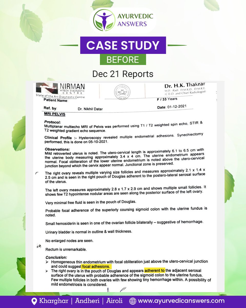 AyurAnswers's tweet photo. Case Study 

https://t.co/eHb6r7YNMN

Part 1

𝐀𝐲𝐮𝐫𝐯𝐞𝐝𝐢𝐜 𝐀𝐧𝐬𝐰𝐞𝐫𝐬
📞: 8369146662
📌: #Kharghar | #Andheri | #Airoli
🌐: https://t.co/JAdbuI3OPy

#AyurvedicAnswers #DrHiralBhatt #Ashermansyndrome #uterineadhesions #pregnancy #casestudy #Results #Ayurvedictreatment https://t.co/I3wZ9rdQoY