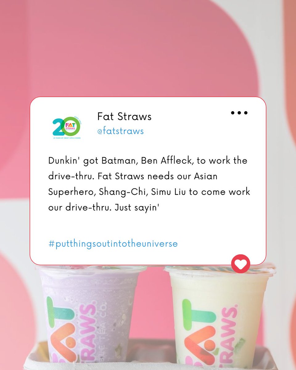 🧋 🍩 🚗  #putthingsoutintotheuniverse 

🕐 8am - 9pm Monday - Saturday
🕐 ALPHA: 11am - 9pm Monday - Saturday
❌ CLOSED ON SUNDAYS
↗️ Order online: fatstraws.com
🚗 Delivery: <a href="/doordash/">DoorDash</a> <a href="/ubereats/">Uber Eats</a> <a href="/ezcater/">ezCater</a>