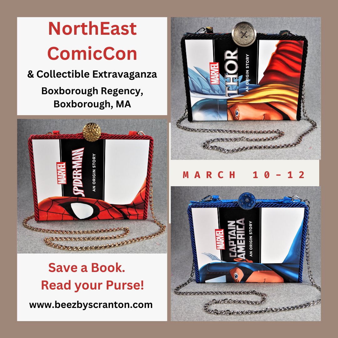 BeeZbyScranton's tweet photo. Remember, all original book pages rebound as a paperback so you can read your purse! Bring your own book to Boxborough March 10-12 and we can create together.  #NEComicCon #NECC #NorthEastComi #Marvel #Spiderman #Thor #CaptainAmerica #XMEN https://t.co/zmgHCRWKQG https://t.co/HagGZstAps