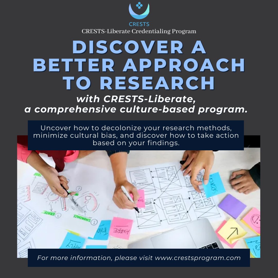 crestsprogram's tweet photo. 🌎Discover a better approach to research with CRESTS-Liberate, a comprehensive culture-based program.
🌐Discover more and enroll online today!
🌐https://t.co/OgPM1abN9E
…..
#CRESTSprogram #CRESTSliberate https://t.co/bPybqQS6rS