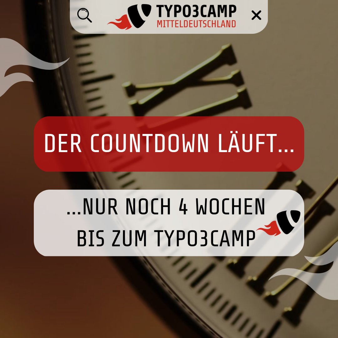 T3Cmd's tweet image. Das Warten hat bald ein Ende... Nur noch 4 Wochen bis zum #TYPO3Camp! 🤩 Die Vorbereitungen laufen auf Hochtouren❗ Wir möchten uns bei allen #Partnern und #Sponsoren bedanken, die dieses #Camp möglich machen. 💫
 Auf was freut ihr euch am meisten?🚀

#TYPO3 #T3CMD #countdown