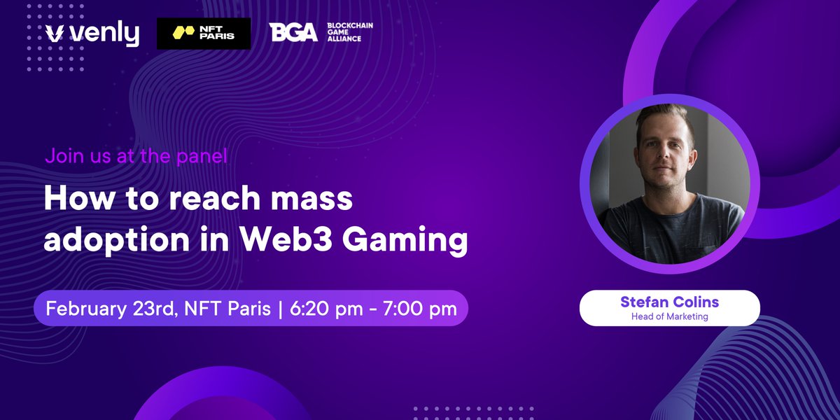 Venly_io's tweet photo. Interested in #Web3gaming and how to bring it to the masses, seamlessly? Our Head of Marketing @stefancolins will be talking about it on stage today at @NFTParis 

#GamingCommunity @BGameAlliance https://t.co/Xl3wofA8YP