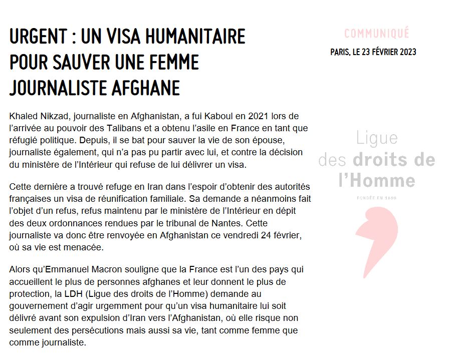 LDH France (@ldh_fr) on Twitter photo Le président de la #LDH <a href="/PBaudouinLDH/">Baudouin Patrick</a> saisit le président de la République <a href="/EmmanuelMacron/">Emmanuel Macron</a> sur la situation d'une journaliste afghane qui risque d'être expulsée demain vers l’Afghanistan, où elle risque des persécutions mais aussi sa vie, tant comme femme que comme journaliste. Le président de la #LDH <a href="/PBaudouinLDH/">Baudouin Patrick</a> saisit le président de la République <a href="/EmmanuelMacron/">Emmanuel Macron</a> sur la situation d'une journaliste afghane qui risque d'être expulsée demain vers l’Afghanistan, où elle risque des persécutions mais aussi sa vie, tant comme femme que comme journaliste.