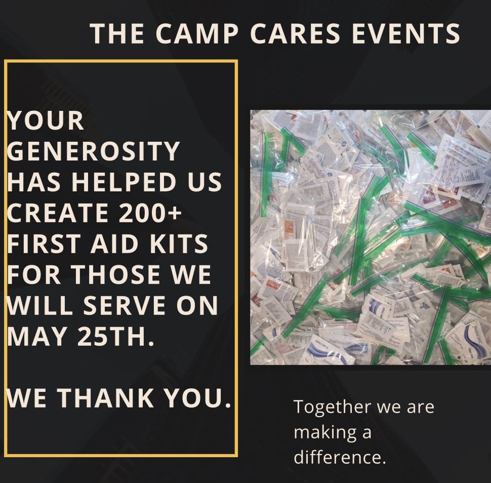 CampCaresEvents's tweet photo. Together, from your generous donations, we have been able to create over 200 first aid kits with band-aids, alcohol wipes, ibuprofen, anti-antibiotic cream,  and sunscreen.  #TheCampCaresEvents #Charity #homelessness  #makeadifference https://t.co/E1I8DvbcGj