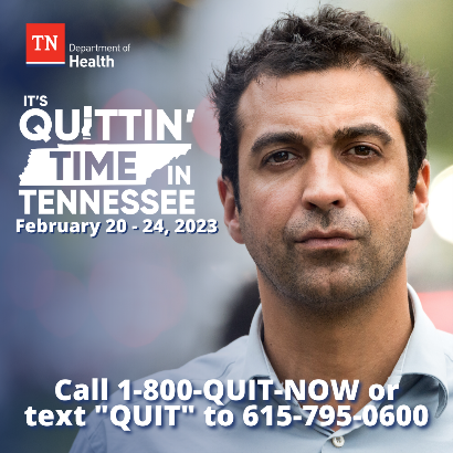 TNDeptofHealth's tweet photo. It’s Quittin’ Time in Tennessee! That means it’s your time to quit! Call 1-800-QUIT-NOW or text “Quit” to 615-795-0600 to join others quitting smoking this Quit Week. #TobaccoFree2023 #TNStopTobacco #TNQuitWeek https://t.co/3URmIbrgt5