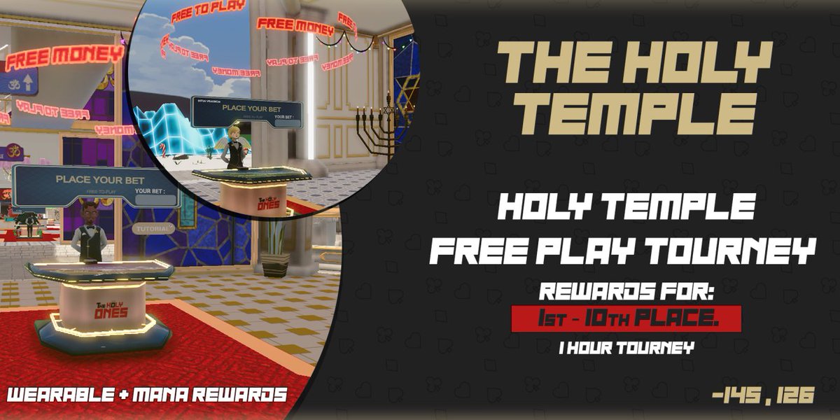 The Temple casino in @Decentraland, brought to you by @TheHolyOnesNFT, tempts and teases to try your luck and test your skills. Let's play, party, and potentially pocket some #Crypto!

#gaming #onlinecasino #virtualreality #gambling #winning #temptation #testyourskills #MANA
