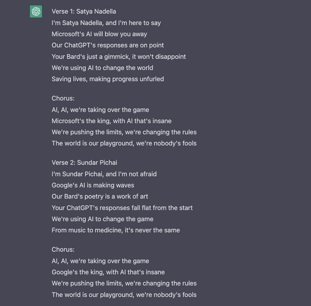 dnsh_s's tweet photo. I asked #ChatGPT  to write a rap battle between Sundar Pichai and Satya Nadella about AI https://t.co/VXudngsY3n